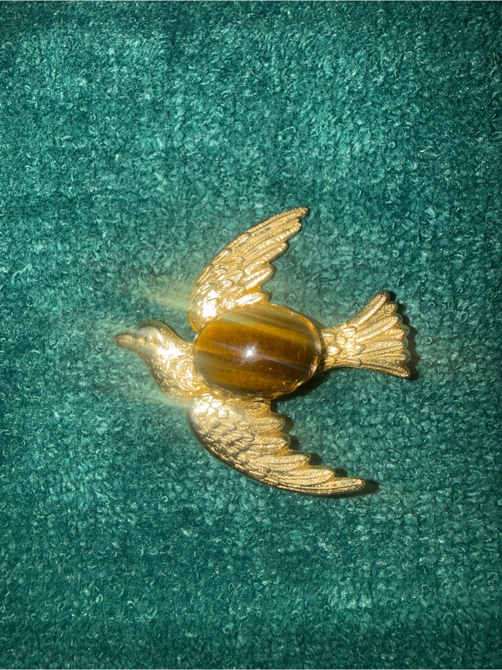 Vintage Gold Dove Bird Brooch Tiger’s Eye Cabochon